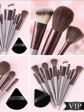 Multi Piece Women's Makeup Brush Set in Rose Brown & Silver Handles